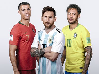 Montagem com fotos de Cristiano Ronaldo, Messi e Neymar
