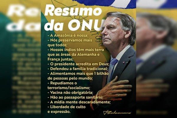 Peça do twitter que mostra resumo do discurso de Bolsonaro na ONU