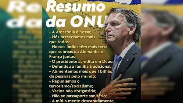 Peça do twitter que mostra resumo do discurso de Bolsonaro na ONU