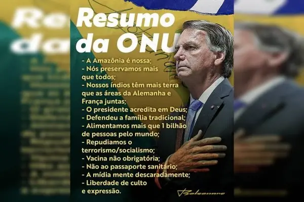 Peça do twitter que mostra resumo do discurso de Bolsonaro na ONU