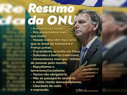 Peça do twitter que mostra resumo do discurso de Bolsonaro na ONU