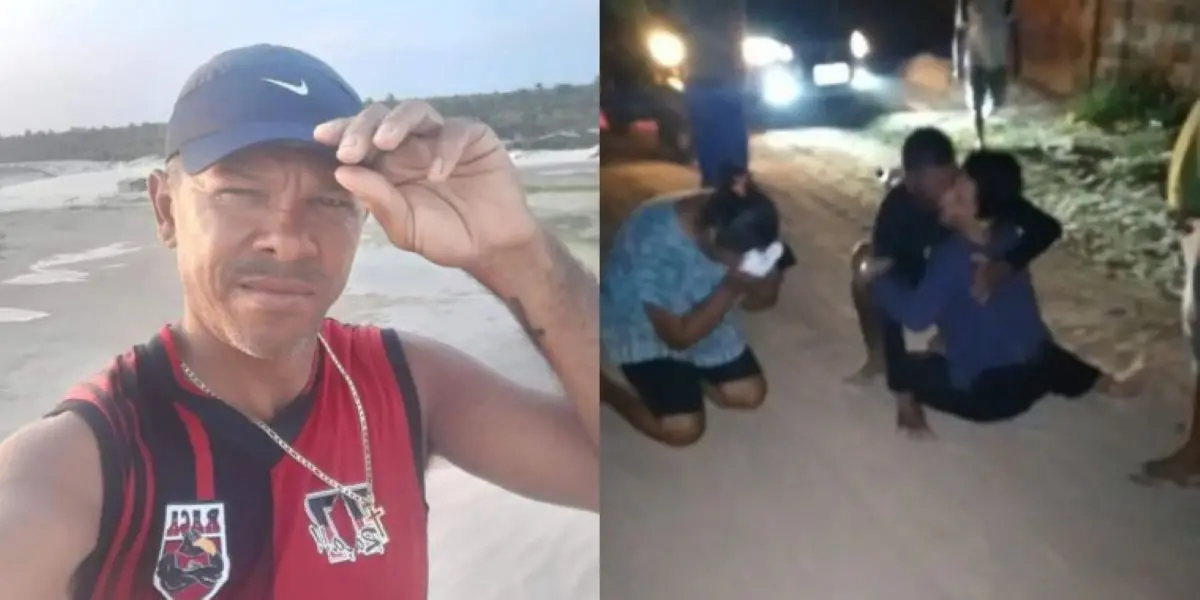 Montagem de fotos o feirante Adilvan e do momento em que ele encontra sua família após ser encontrado