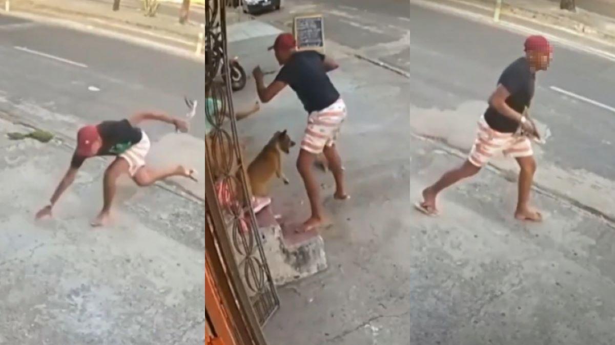 Frames de vídeo onde homem perde chinela, é mordido por cachorro e desiste de assalto em fortaleza