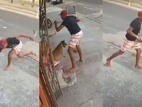Frames de vídeo onde homem perde chinela, é mordido por cachorro e desiste de assalto em fortaleza
