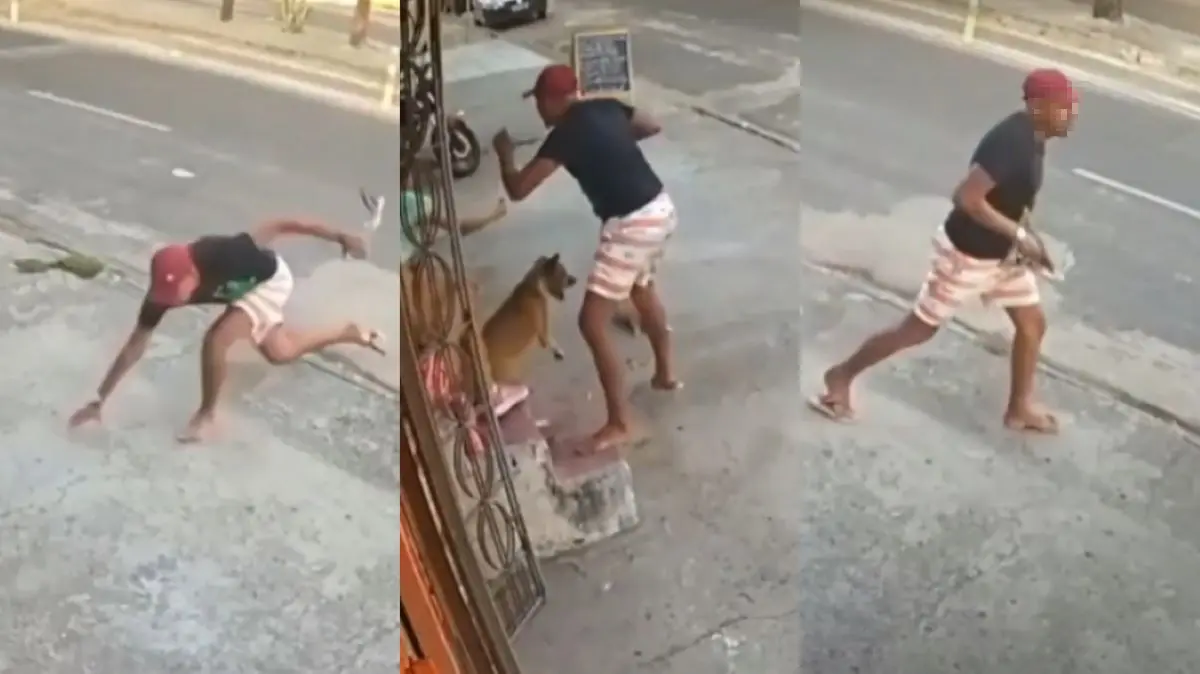 Frames de vídeo onde homem perde chinela, é mordido por cachorro e desiste de assalto em fortaleza