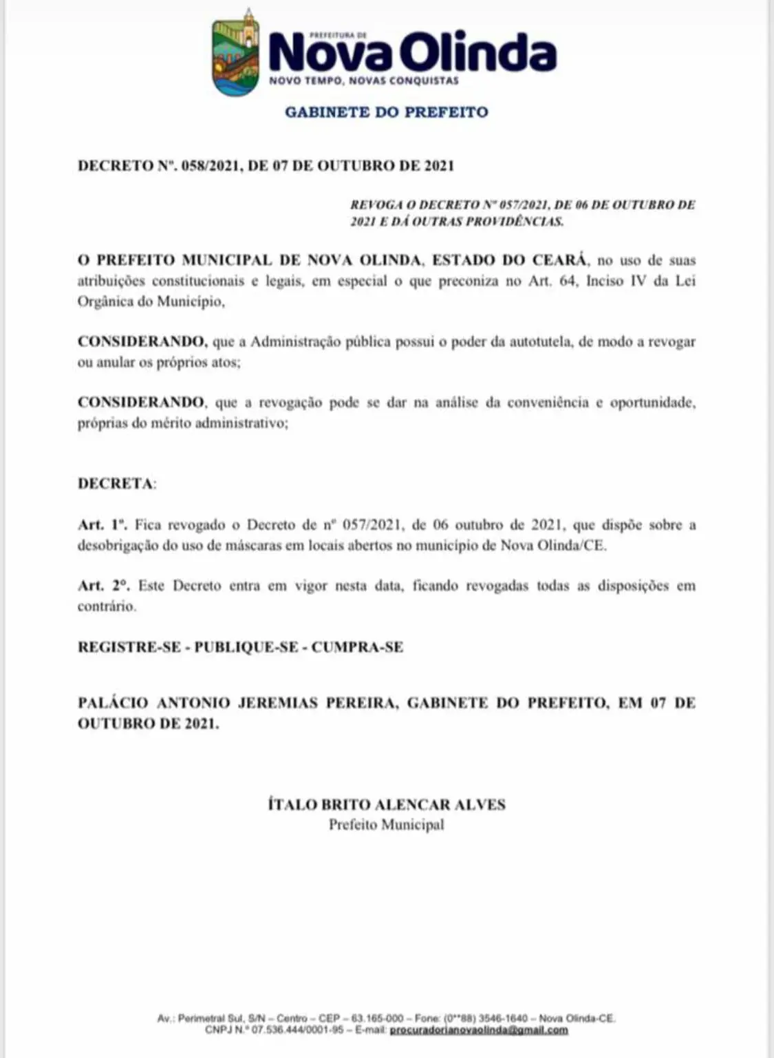 Imagem do novo decreto (nº 058/2021) publicado nesta quinta (7)