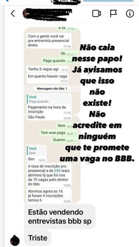 Conversa por WhatsApp da venda de vagas realizada por golpista