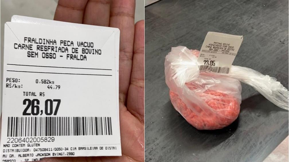 São duas imagens. À esquerda, no Extra Cambuci, está uma etiqueta de carne que é entregue ao cliente no lugar do produto. Já à direita, no Extra Brigadeiro, a carne é pesada e entregue ensacada, normalmente.