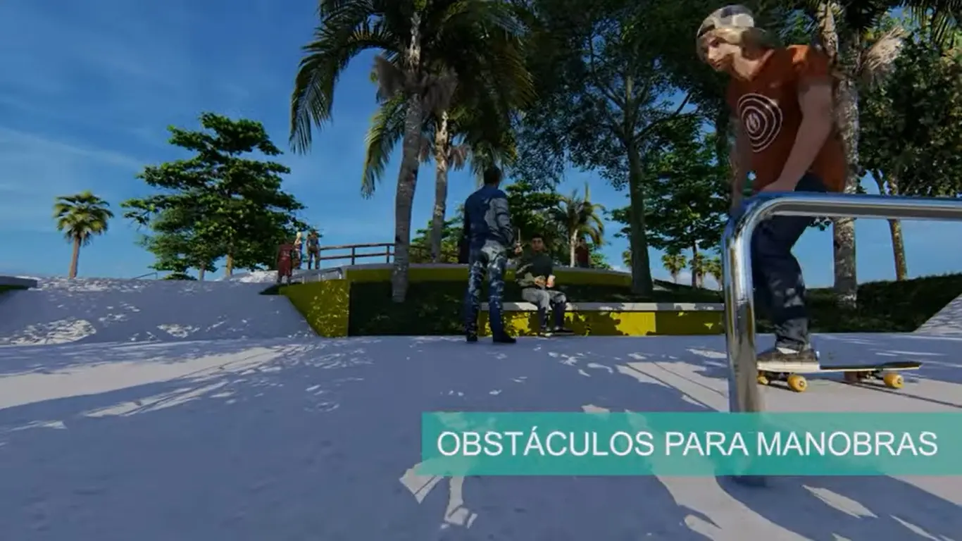 Imagem de maquete eletrônica mostra policiais e um skatista se movimentando ao lado de um obstáculo