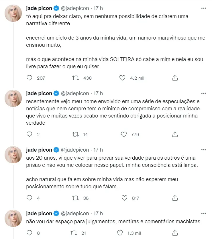 Tweets postados por Jade Picon