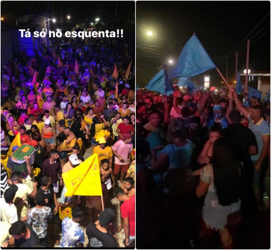 Eleitores vestindos com roupas com as cores das campanhas e aglomerados nas ruas de Jaguaruana