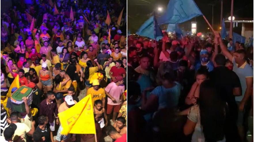 Eleitores vestindos com roupas com as cores das campanhas e aglomerados nas ruas de Jaguaruana