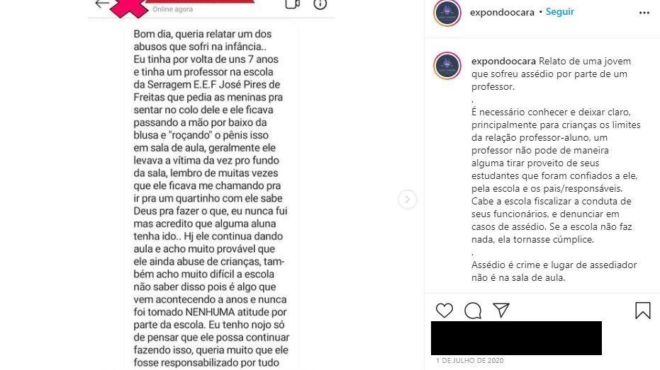 Imagem de um print de postagem no perfil 'Ocara Exposed', no Instagram, com denúncia escrita por uma das vítimas do professor