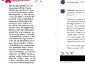 Imagem de um print de postagem no perfil 'Ocara Exposed', no Instagram, com denúncia escrita por uma das vítimas do professor