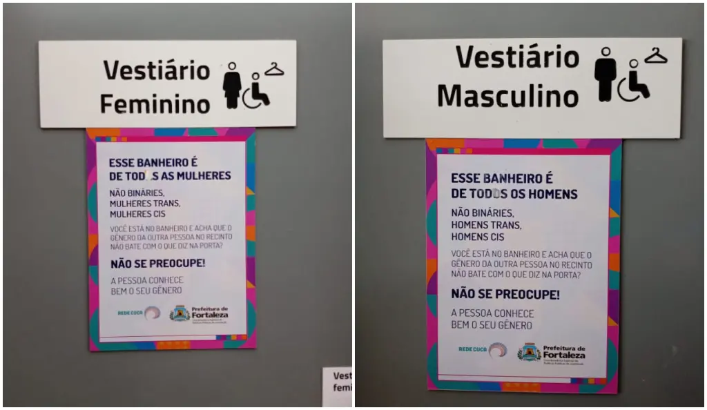 Sequência de duas imagens mostra as placas de sinalização dos banheiros dos Cucas.