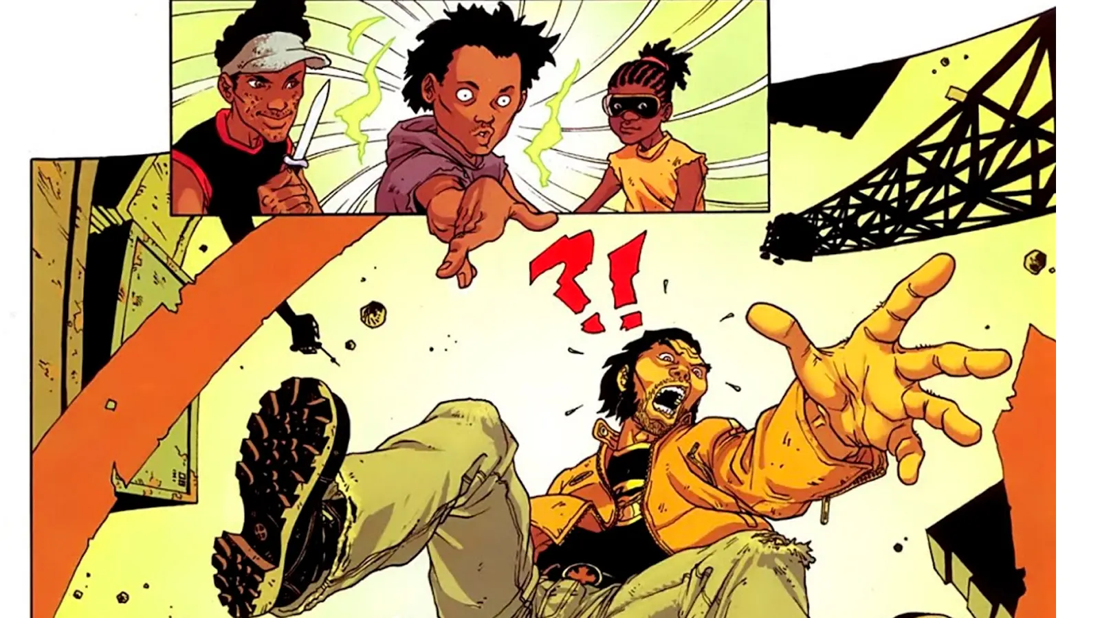 Xexeu (de olhos arregalados) usando os poderes contra Logan