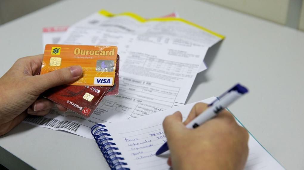 Close nas mãos de consumidor que anota em um caderno os cálculos. Na outra mão, ele segura cartões de crédito.