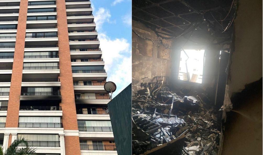 Montagem com foto de prédio atingido por incêndio (à esquerda) e apartamento destruído pro dentro (à direita)