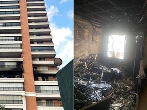 Montagem com foto de prédio atingido por incêndio (à esquerda) e apartamento destruído pro dentro (à direita)