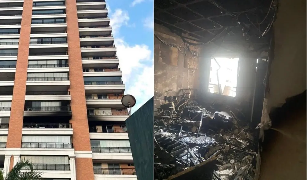 Montagem com foto de prédio atingido por incêndio (à esquerda) e apartamento destruído pro dentro (à direita)