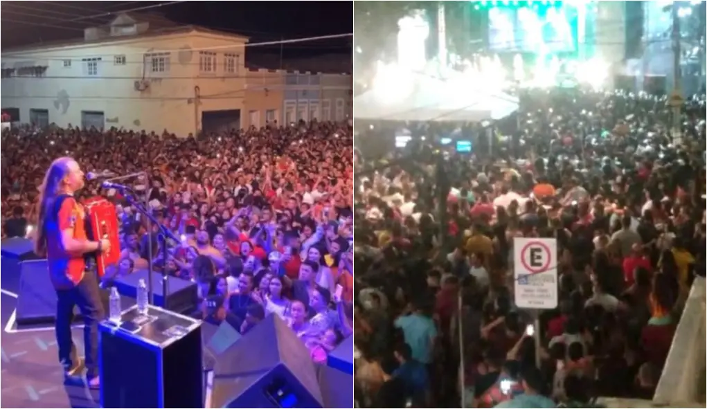 Imagem mostra pessoas aglomeradas, sem cumprir o distanciamento social e sem usar máscaras de proteção facial durante evento em Aracati, no interior do Ceará, durante a pandemia de Covid-19