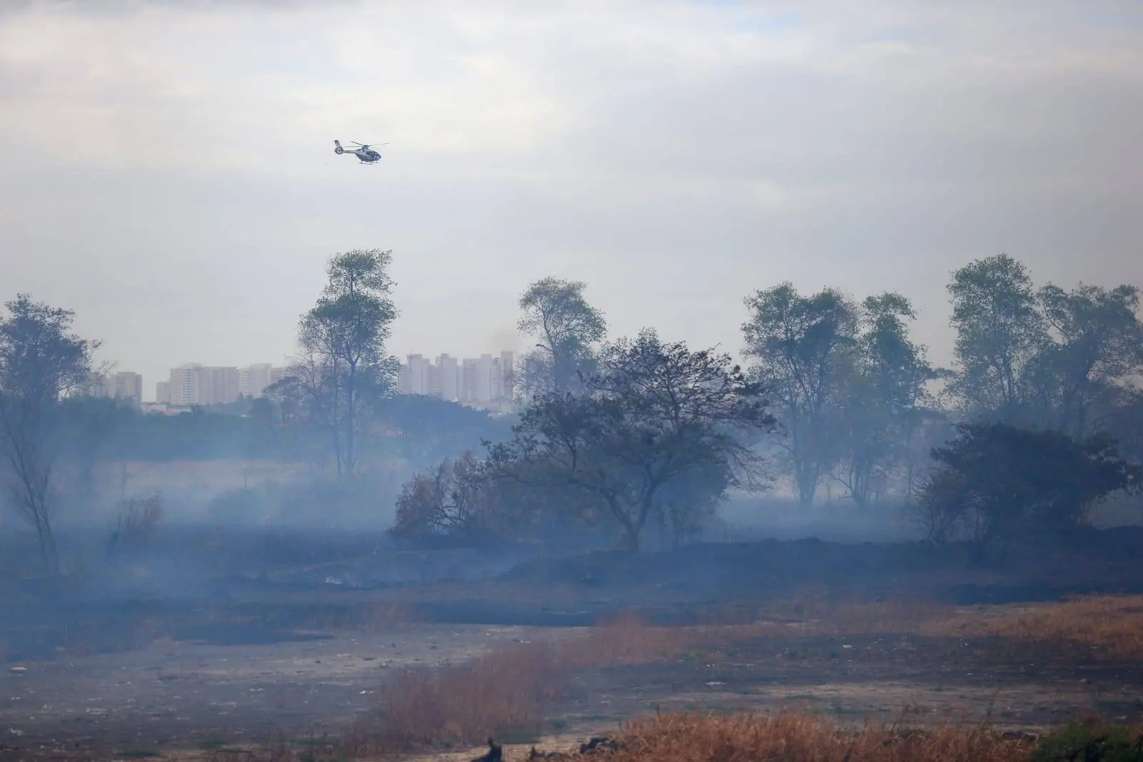 Incêndio no Parque do Cocó, em Fortaleza, visto das redondezas. Helicóptero da Ciopaer sobrevoa área