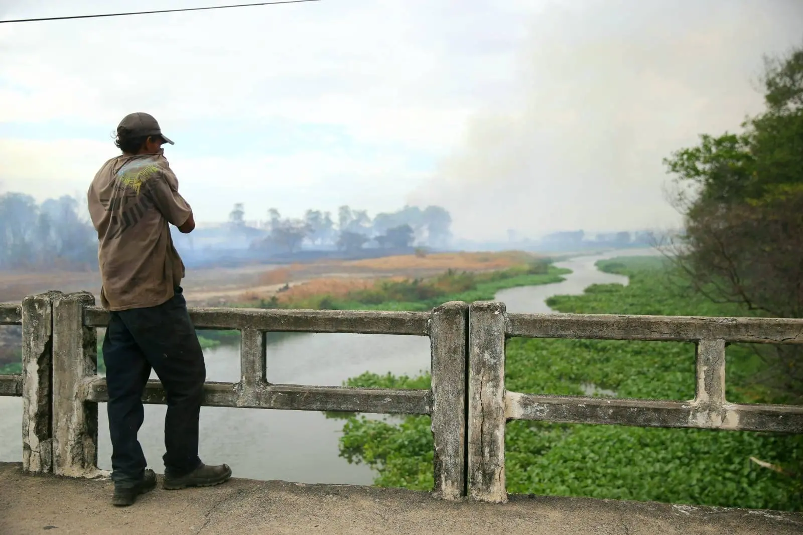 Incêndio no Parque do Cocó, em Fortaleza, visto das redondezas. Homem está sobre ponte próxima cobrindo o nariz com roupa