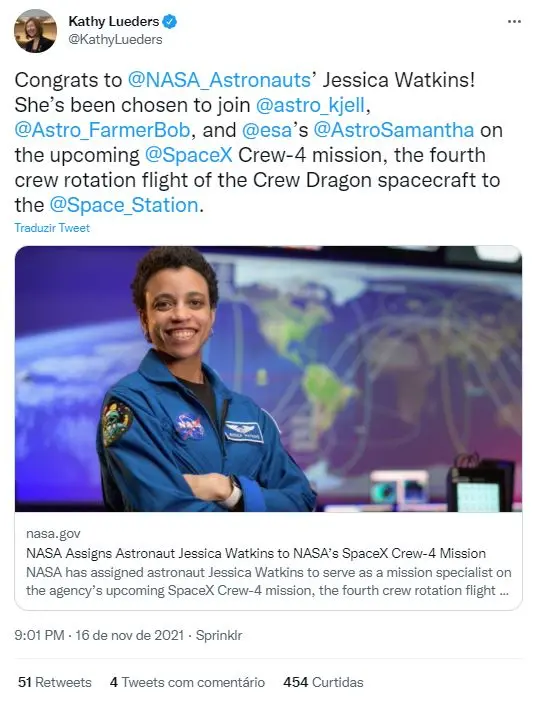 Captura de tela de tuíte de Kathy Lueders sobre Jessica Watkins