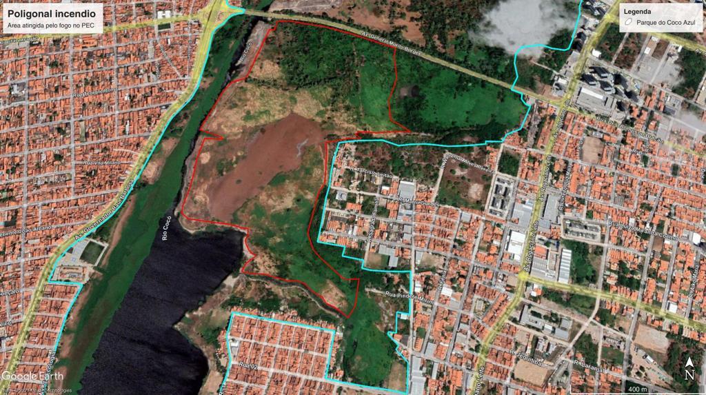 Imagem aérea mostra a poligonal do Parque do Cocó atingida pelo incêndio.