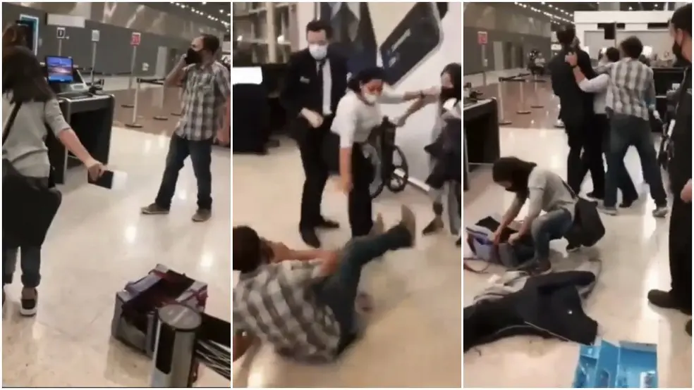 Montagem com três capturas de tela de vídeo com confusão devido a coelho em aeroporto de São Paulo