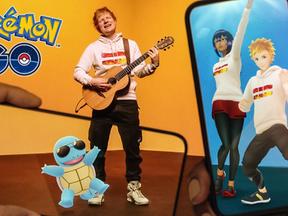 Imagem de divulgação de parceria entre Ed Sheeran e Pokémon Go, com avatares e Squirtle