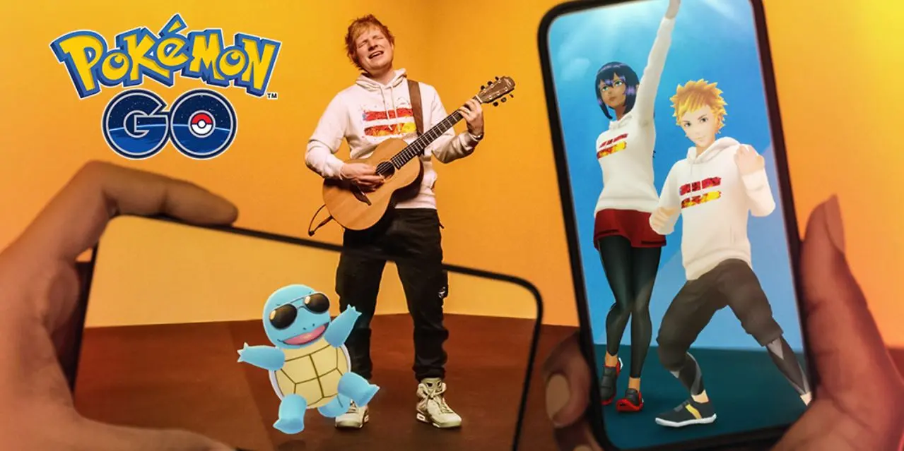Imagem de divulgação de parceria entre Ed Sheeran e Pokémon Go, com avatares e Squirtle