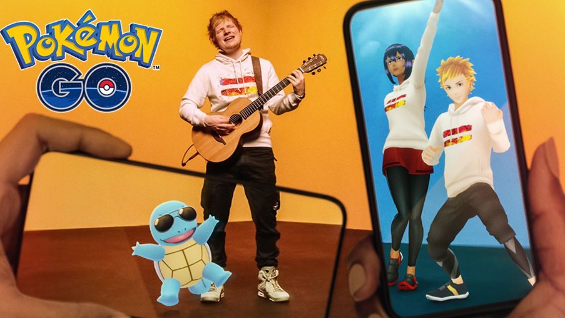 Imagem de divulgação de parceria entre Ed Sheeran e Pokémon Go, com avatares e Squirtle
