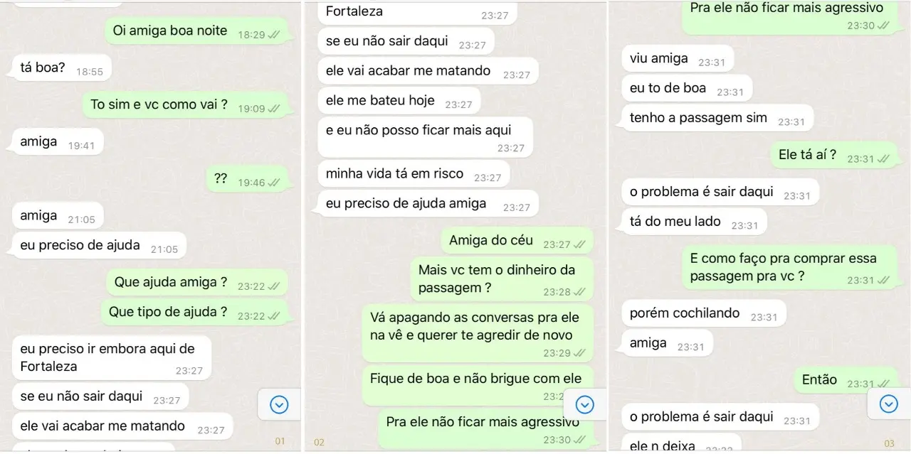 Imagem mostra três prints de conversas entre a vítima e a amiga, que são da Bahia.