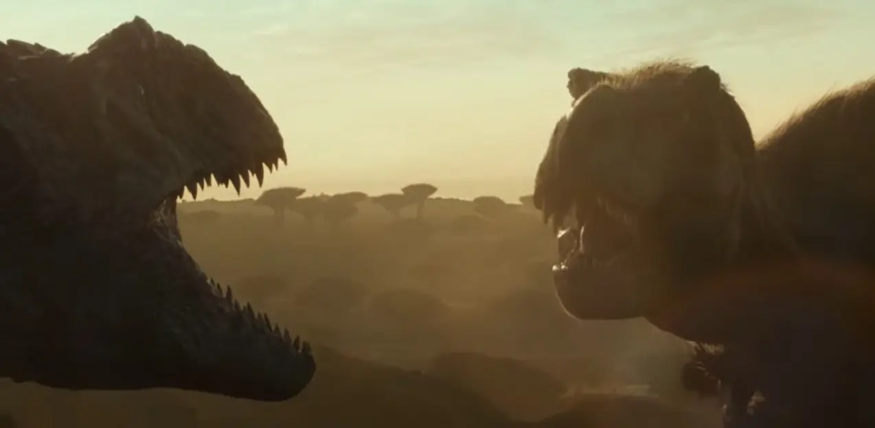 A imagem mostra dois dinossauros se encarando.