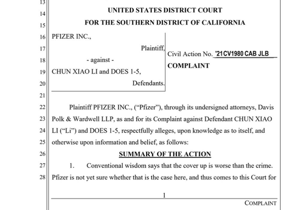 Denúncia da Pfizer contra ex-funcionária em um tribunal de San Diego, Califórnia