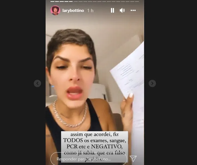 Lary Bottino diz ter feitos exames que provaram estar negativada para Covid