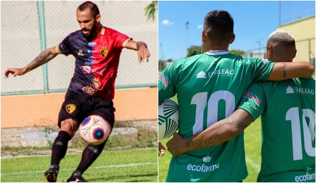 duas fotos: na primeira, jogador do caucaia cruza a bola da direita para a esquerda. na segunda, dois jogadores do icasa comemoram abraçados