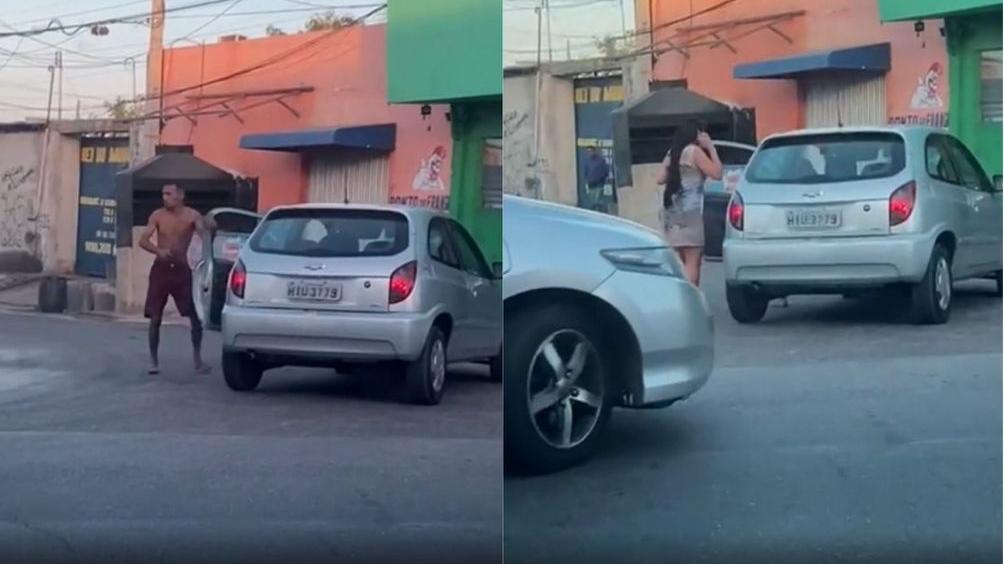 Montagem com duas capturas de tela de vídeo de assalto no Parque São José