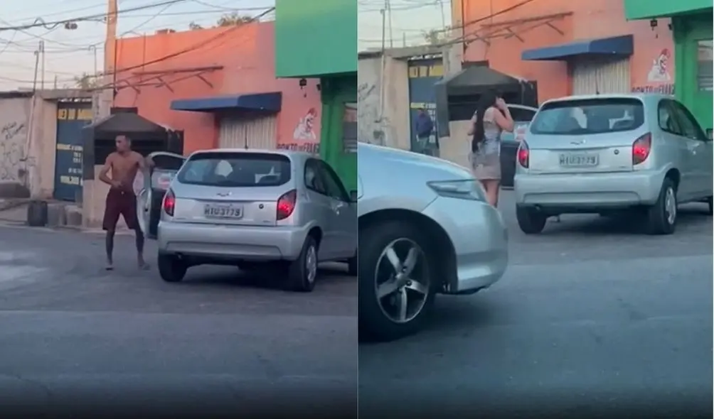 Montagem com duas capturas de tela de vídeo de assalto no Parque São José