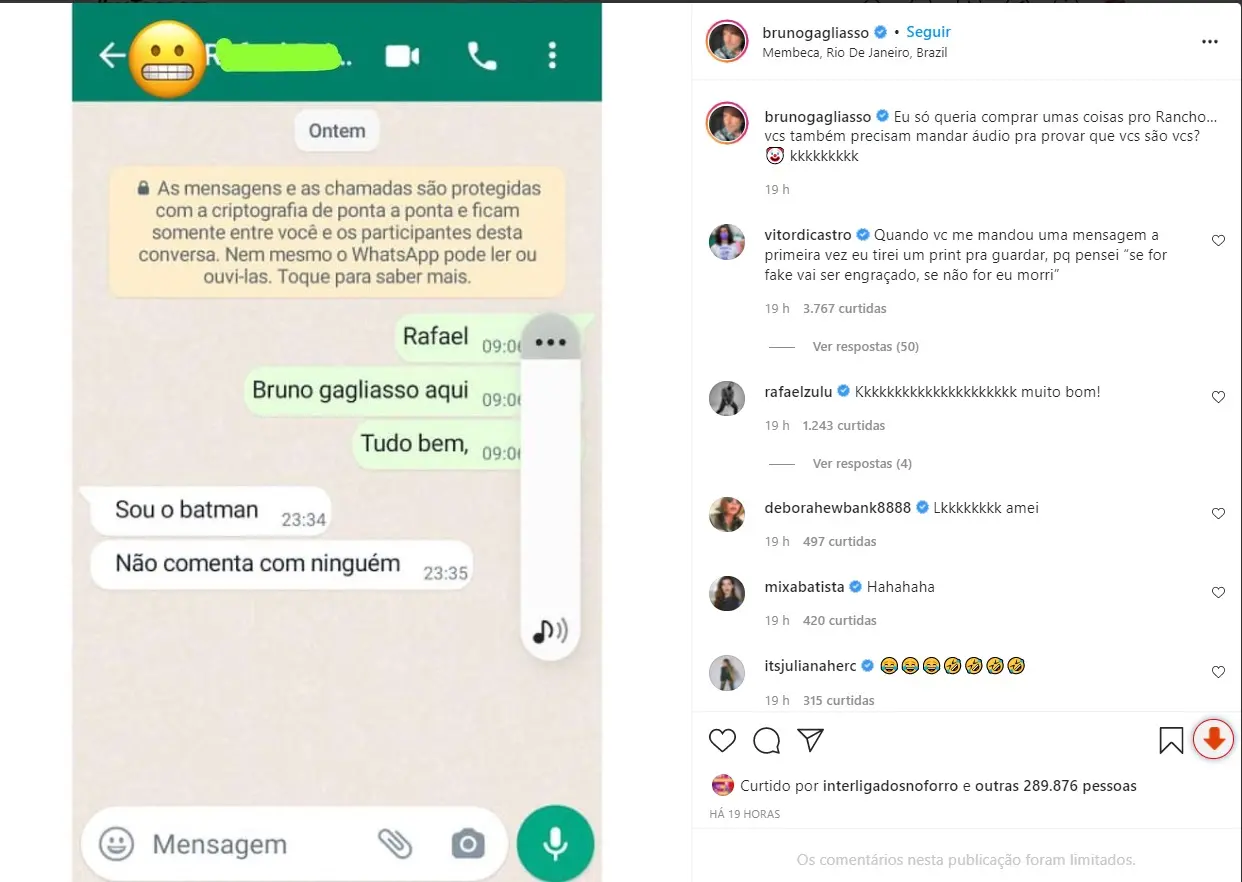 Publicação feita pelo ator em rede social