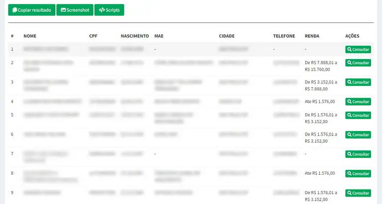 Print de página criminosa que vende dados de brasileiros na internet.
