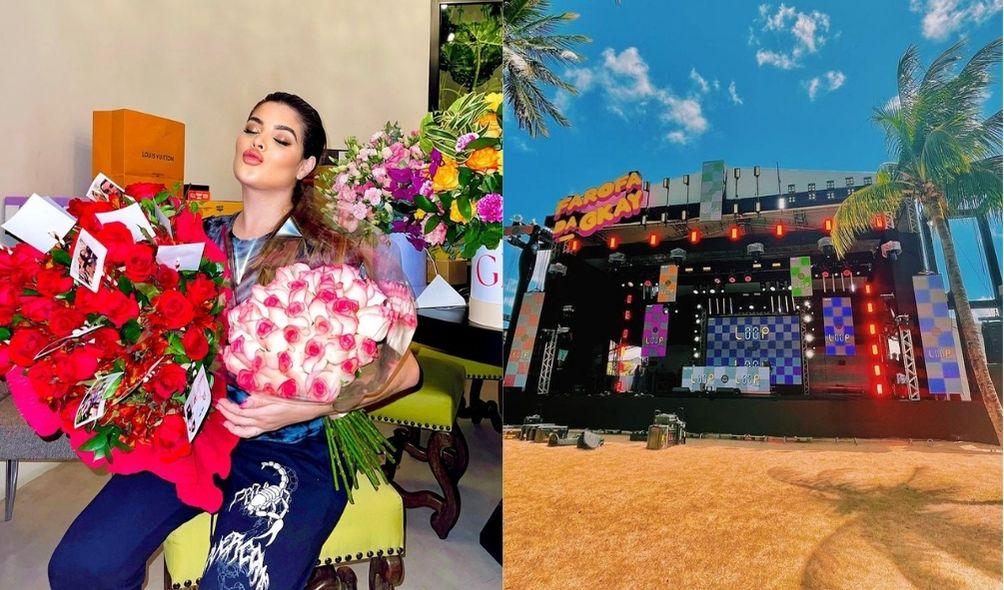 Montagem com foto de GKay segurando buquês recebidos pelo aniversário (à esquerda) e palco da Farofa da GKay (à direita)