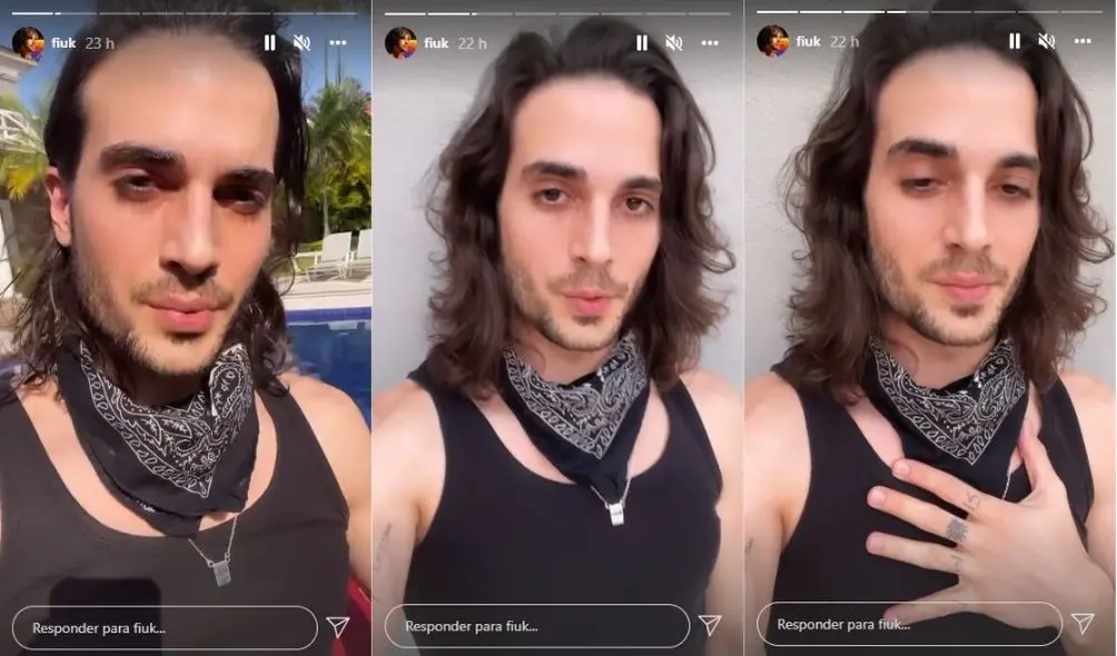 Montagem com três capturas de tela com Fiuk, de camiseta preta, explicando versão de participação no Lady Night