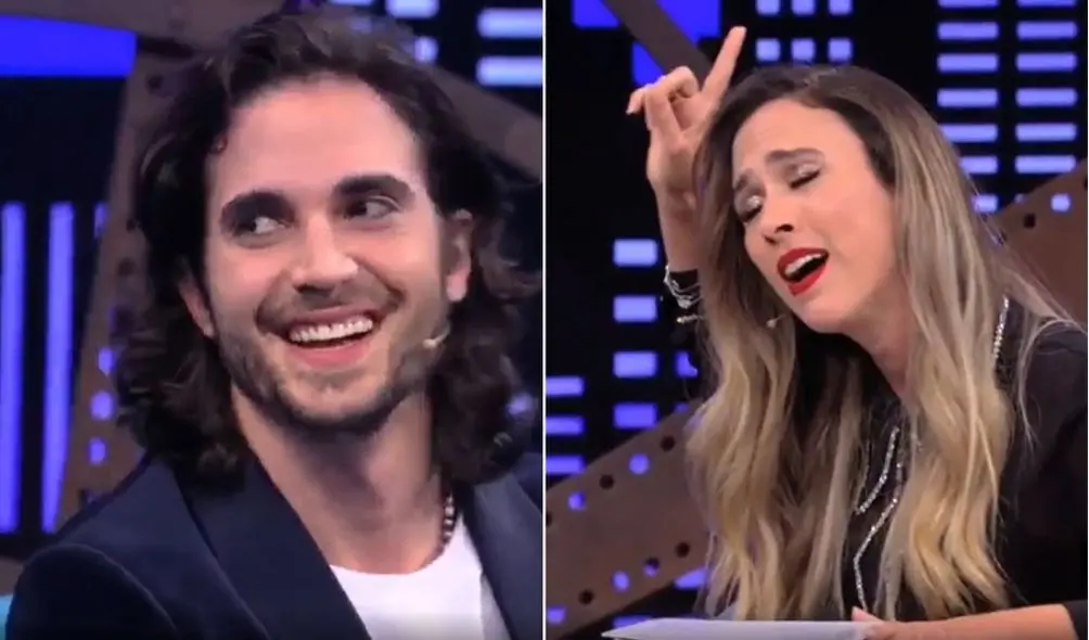 Montagem com fotos de Fiuk sorrindo (à esquerda) e Tatá Werneck com dedo apontando para cima (à direita) durante programa Lady Night