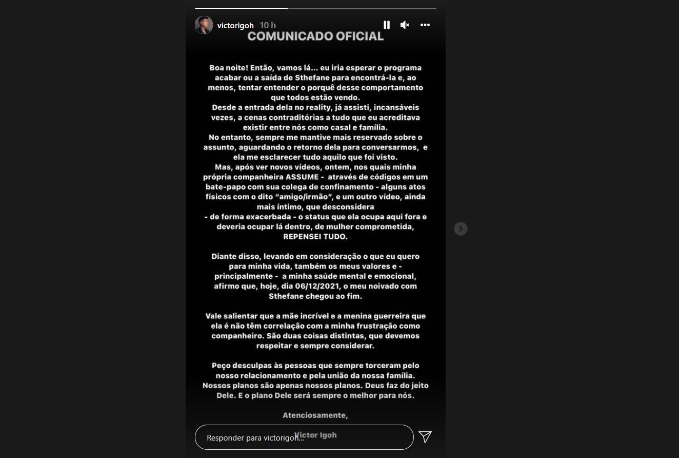 Comunicado de Victor Igoh em rede social