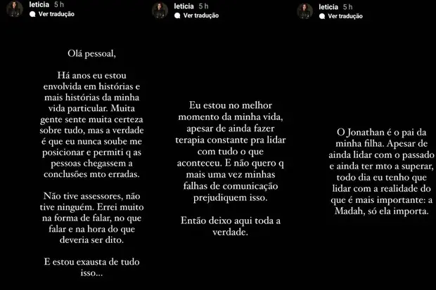 Letícia Almeida se pronuncia nos stories e nega envolvimento com Jonathan Couto