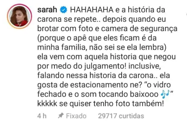 Print de comentário de Sarah Poncio no Instagram