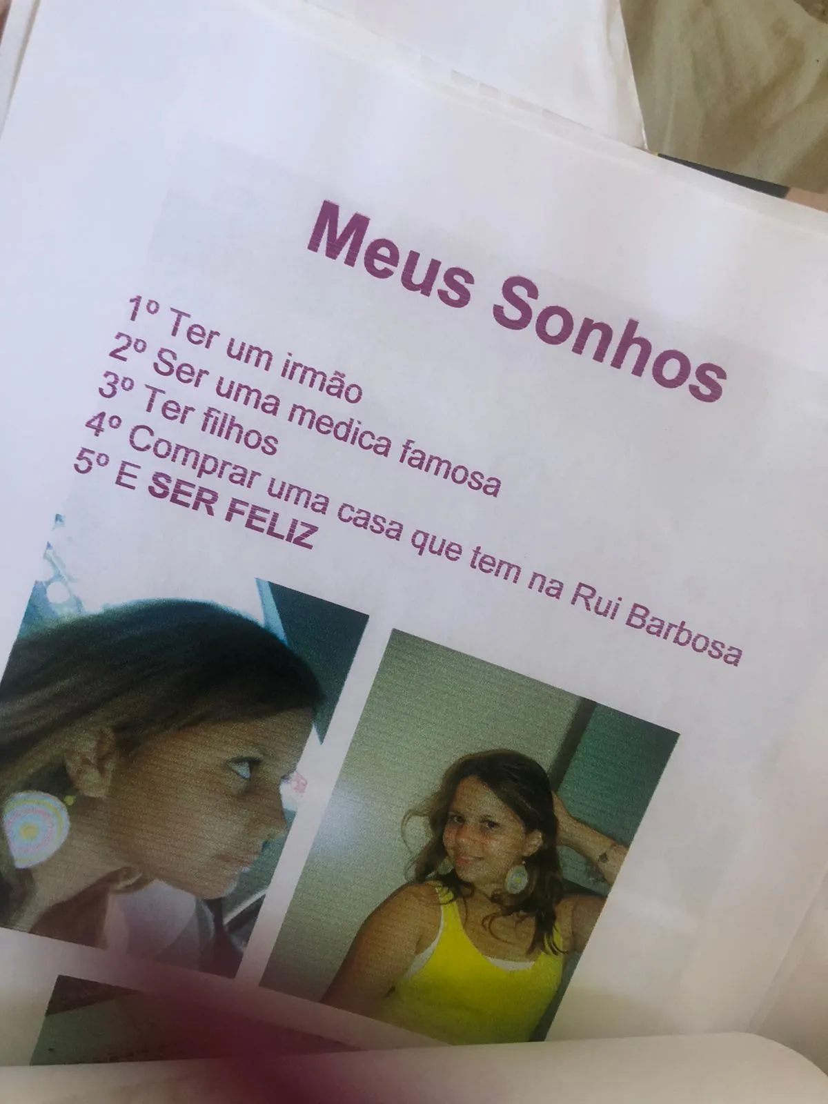 Lista de sonhos da Lorena, feita há uma década