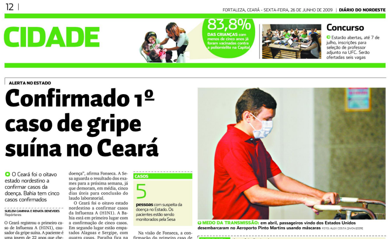 Edição do Diário do Nordeste de junho de 2009 mostra registro do primeiro caso confirmado de influenza A H1N1 no Ceará